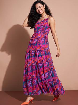 Deewa Floral Printed Tiered Georgette Maxi Dress