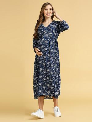 MomToBe Blue Floral Printed Maternity Rayon A-Line Midi Dress