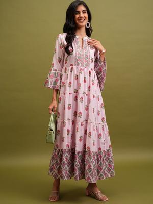 Vishudh Pink Floral Printed Mandarin Collar Bell Sleeves Tiered Maxi Dress