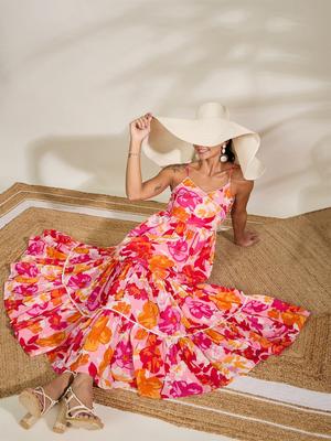 WineRed Floral Print Lace Strap Cotton Tiered Dress