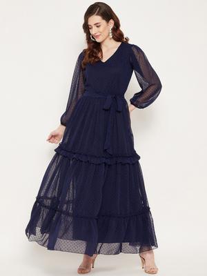 Bitterlime Puff Sleeve V-Neck Flared Georgette Maxi Dress