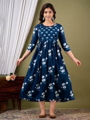 MURLI KURTI Floral Printed Round Neck Three-Quarter Sleeves Cotton A-Line Midi Dress