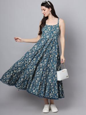 Divena Floral Printed Shoulder Straps Cotton A-Line Midi Dress