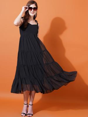 U&F Black Self Design Shoulder Straps Smocked Georgette Midi Fit & Flare Dress