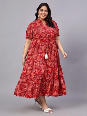 Indietoga Plus Size Floral Printed Cotton Tiered Maxi Dress