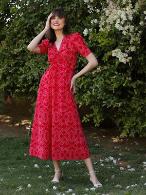 JISORA Printed Cotton A-Line Midi Dress