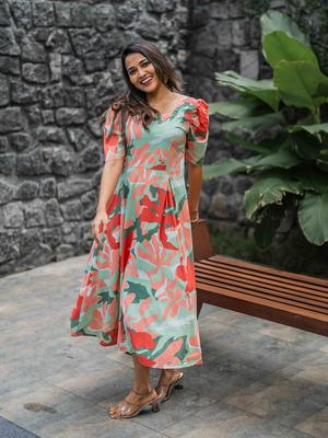 HAY Floral Print Liva Puff Sleeves A-Line Maxi Dress