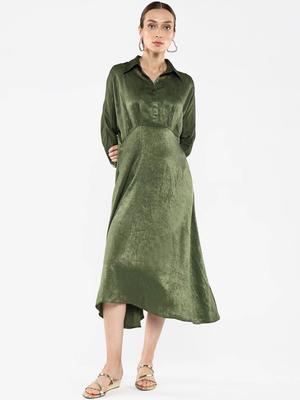 RAREISM Women Olive Fit Kimono Sleeve Spread Collar Dress