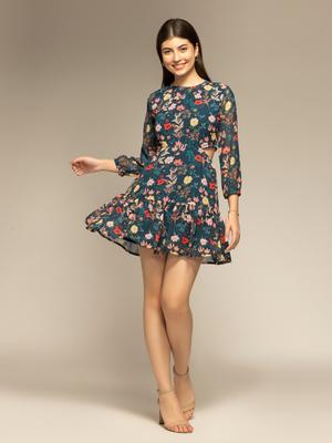 OCTICS Floral Print Georgette Fit & Flare Mini Dress