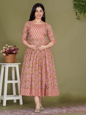 Pink Floral Print Maxi Dress with Three-Quarter Sleeves