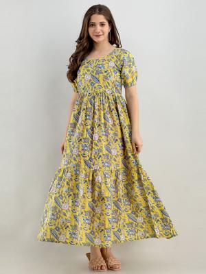 SHOPAXIS Women Floral Printed Puff Sleeve Pure Cotton Fit & Flare Maxi Dress