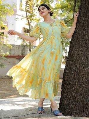 SHINISHA Women Printed Puff Sleeve Fit & Flare Maxi Dress