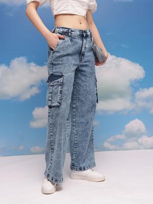 CORSICA Women Baggy Wide Leg Mid-Rise Acid Wash Stretchable Cargo Jeans