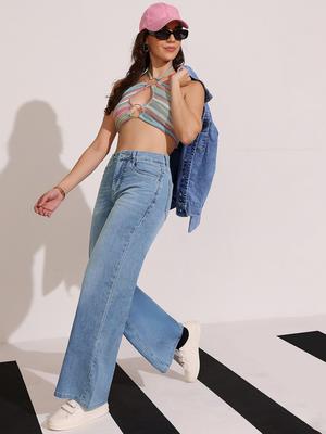 DOLCE CRUDO Women Wide Leg High-Rise Light Fade Stretchable Jeans