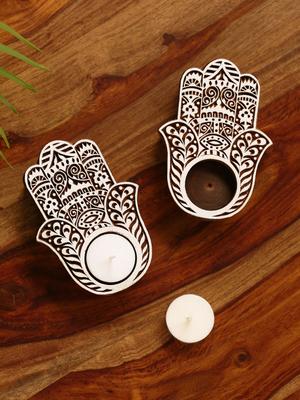 ExclusiveLane Set Of 2 Radiant Palm Sheesham Hand Carved Blocks Tea Light Candle Holders