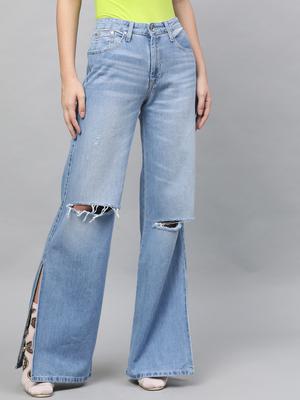 STREET 9 Women Wide Leg Mid-Rise Slash Knee Stretchable Jeans