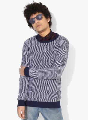 Men Navy Blue & White Self Design Pullover