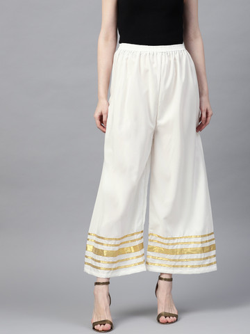 Ishin Women White & Gold-Toned Hem Design Wide Leg Palazzos