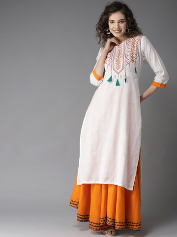 HERE&NOW Women White & Orange Yoke Design Kurta with Skirt