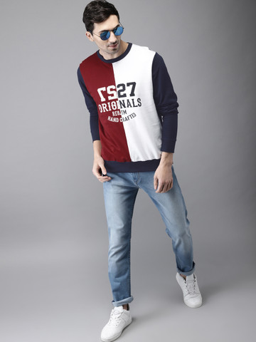 HERE&NOW Men Navy Blue & Maroon Colourblocked Sweatshirt