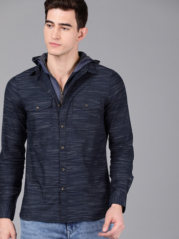 WROGN Men Navy Blue Regular Fit Striped Hooded Casual Shirt