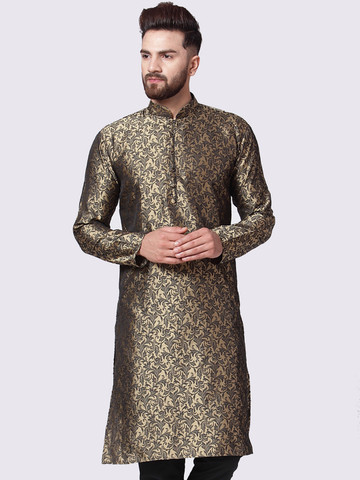 Jompers Men Gold-Toned Woven Design Dupion Silk Straight Kurta