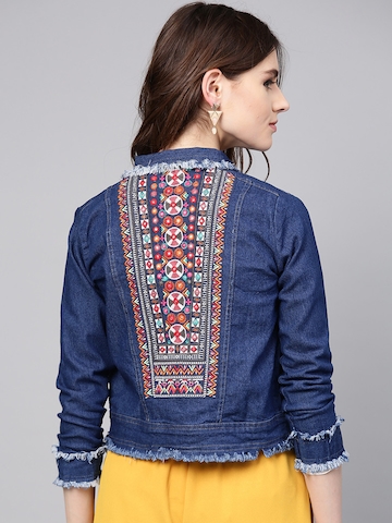 Bhama Couture Women Blue Embroidered Denim Jacket