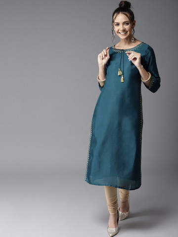 HERE&NOW Women Teal Blue Solid Straight Kurta