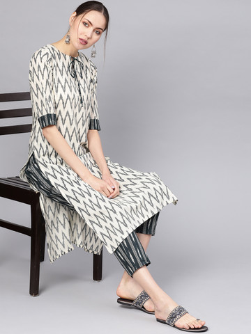 GERUA Women Off-White & Green Printed Kurta with Trousers