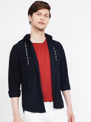 Bossini Men Navy Blue Regular Fit Solid Hooded Casual Shirt Bossini Men Navy Blue Regular Fit Solid Hooded Casual Shirt