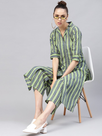 Libas Women Green & Blue Striped Kurta with Palazzos Libas Women Green & Blue Striped Kurta with Palazzos
