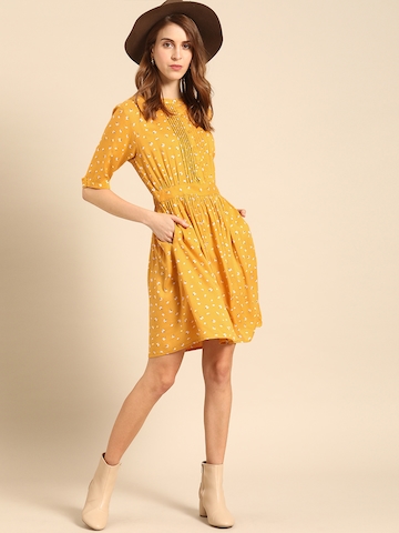 DressBerry Mustard Yellow Floral Printed Fit and Flare Dress