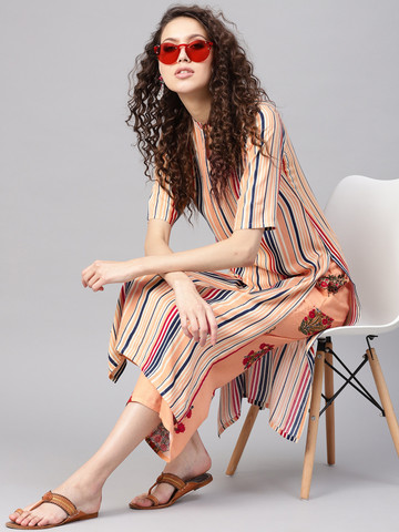 GERUA Women Peach-Coloured & Blue Striped Kurta with Palazzos