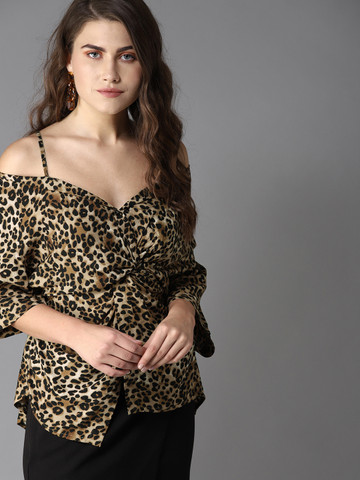 Moda Rapido Women Brown & Black Printed Twisted Wrap Top Moda Rapido Women Brown & Black Printed Twisted Wrap Top