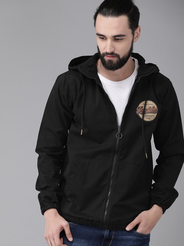 Roadster Men Black Printed Hooded Tailored Jacket