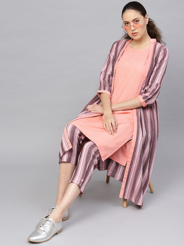Libas Women Pink & Peach-Coloured Striped Kurta with Trousers & Ethnic Jacket