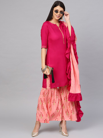 Libas Women Pink Solid Kurta with Sharara & Dupatta Libas Women Pink Solid Kurta with Sharara & Dupatta