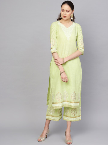 Libas Women Green & Off-White Block Print Detail Kurta with Palazzos