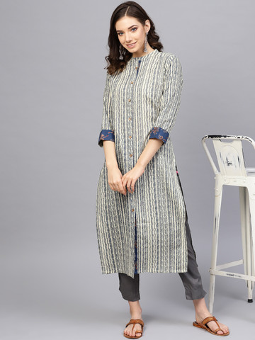 Varanga Women Off-White & Grey Striped Kurta with Trousers
