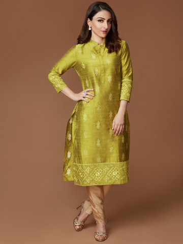 House of Pataudi Women Lime Green Embroidered Straight Kurta