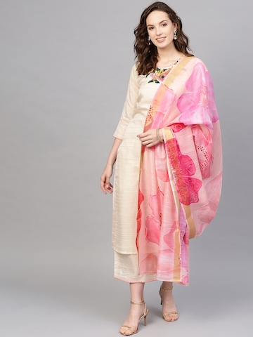 Indo Era Women Beige & Pink Yoke Design Kurta with Palazzos & Dupatta