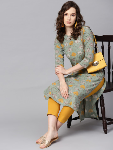 AHIKA Women Green & Mustard Yellow Printed Straight Kurta