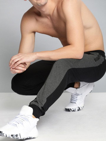 HERE&NOW Men Charcoal Grey & Black Solid Straight Fit Joggers with Side Stripes