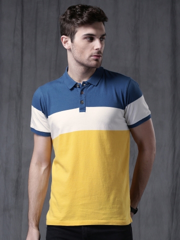 50% OFF on WROGN Men Yellow & Blue Colourblocked Polo Collar T-shirt on ...