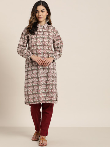 Sangria Women Taupe & Rust Red Printed Straight Kurta
