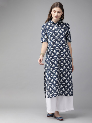Anouk Women Navy Blue Printed Straight Kurta