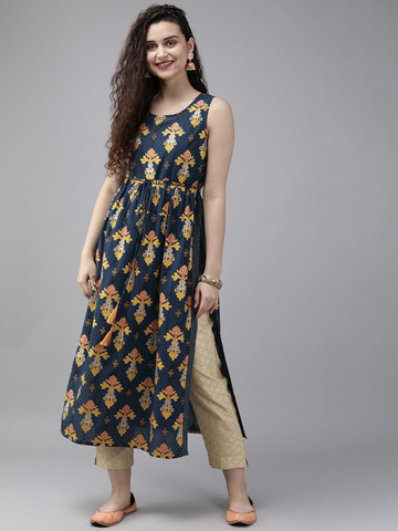 Anouk Women Navy Blue & Mustard Yellow Printed A-Line Kurta