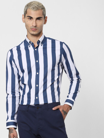 Jack & Jones Men White & Navy Blue Regular Fit Easy To Iron Striped Smart Casual Shirt