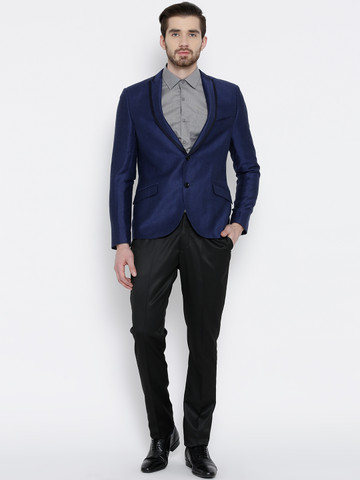 Blackberrys Blue & Black Woollen Single-Breasted Partywear Suit Blackberrys Blue & Black Woollen Single-Breasted Partywear Suit