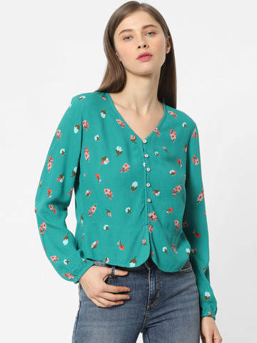ONLY Women Green & Pink Printed Shirt Style Top